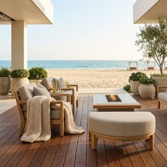 Luxury outdoor Anderson Teak Coronado Ottoman in natural teak finish, designed for patio with a sleek, modern style and 9 color options.