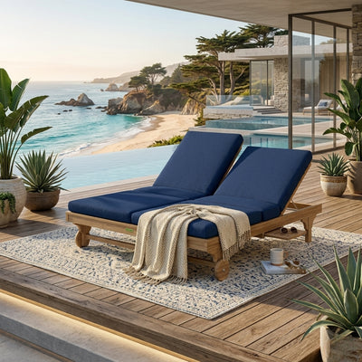 Anderson Teak BEL-AIR double sun lounger in teak wood with two cushions, designed for outdoor patio garden relaxation in designer colors.