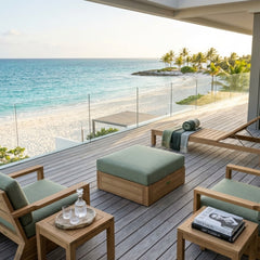Anderson Teak Copacabana ottoman in natural teak wood, outdoor patio footstool with sleek design and 9 available designer colors.