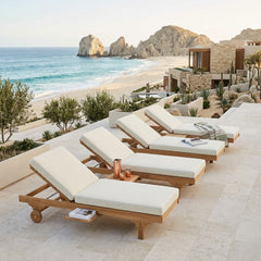 Anderson Teak luxury outdoor sun lounger set in A-grade teak with plush cushions, available in 9 designer colors for garden lounging.