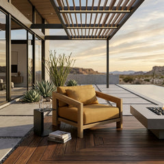 Anderson Teak Smyrna Lounge Armchair in teak wood, outdoor accent chair with deep seating, available in nine designer colors.