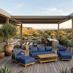 Anderson Teak 5-piece Granada deep seating outdoor patio sofa set with teak wood frames and plush cushions for garden lounge.