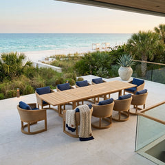 Outdoor sofa from Anderson Teak Catania 11-piece teak dining table set in designer colors, ideal for luxury patio outdoor living.