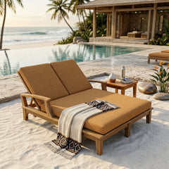 Anderson Teak Brianna double sun lounger in A-grade teak wood with two cushions, outdoor patio design, available in nine colors.