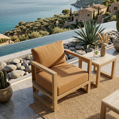 Anderson Teak JUNUS lounge teak wood armchair with deep seating, outdoor patio accent chair in designer color options.