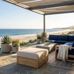 Anderson Teak COPACABANA outdoor teak ottoman in natural wood, designed for patios, shown in a stylish 9-color option.