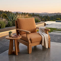 Anderson Teak Riviera modular teak wood armchair for outdoor patio and garden, featuring deep seating and available in 9 designer colors.