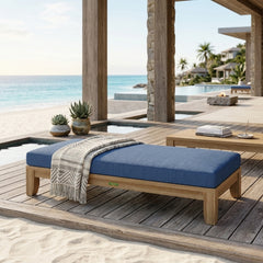Outdoor daybed by Anderson Teak with A-grade teak wood, featuring a sleek design and available in nine designer colors.