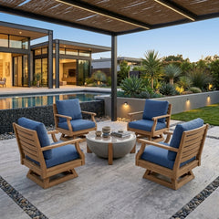 Anderson Teak Riviera Swivel Armchair in natural teak, outdoor deep seating chair with a rounded backrest and sturdy design.