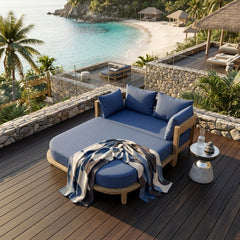 Outdoor CORONADO DAYBED by Anderson Teak with plush cushions, in a garden lounge setting, available in 9 designer colors.