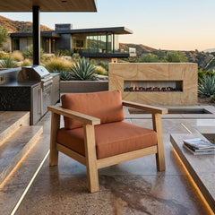 Anderson Teak Palermo teak wood deep seating armchair with plush cushions, outdoor patio accent chair in designer colors.