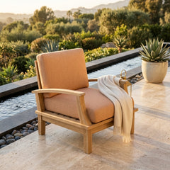 Anderson Teak Brianna deep seating armchair in outdoor patio setting, available in 9 designer colors, modern accent chair for garden.