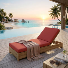 Anderson Teak Madera Sun Lounger made of A-grade teak wood with a sleek design, available in 9 designer colors for outdoor patio lounging.