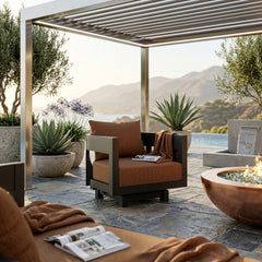 Anderson Teak Coronado aluminum swivel armchair with deep outdoor seating, available in 9 designer colors, for patio and garden.