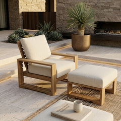 Anderson Teak Capistrano deep seating set with one armchair and table, featuring designer colors for outdoor garden lounge.