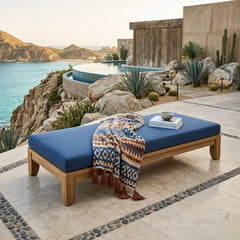 Outdoor daybed by Anderson Teak with A-grade teak wood, 72 inches long, featuring a stylish design and available in nine designer colors.
