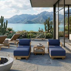 Anderson Teak SET-905 5-piece Granada deep seating outdoor patio set with teak swivel chairs and ottomans for garden lounge.