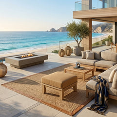 Luxury Riviera Ottoman by Anderson Teak, outdoor teak footstool in designer colors, perfect for patio relaxation.