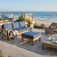 Southbay deep seating ottoman by Anderson Teak, luxury outdoor teak footstool in designer colors, perfect for patio relaxation.