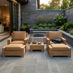 Anderson Teak 5-piece teak wood deep seating patio sofa set with plush cushions in a garden setting.