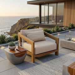 Anderson Teak Smyrna Lounge Armchair in teak wood with outdoor deep seating, available in nine designer colors for patio and garden.