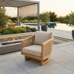 Anderson Teak Catania swivel chair with teak solid wood frame, outdoor deep seating, available in 9 designer colors.
