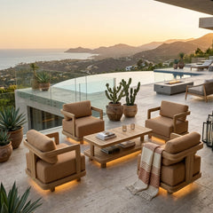 Anderson Teak SET-905 5-piece Granada deep seating outdoor sofa set with swivel chairs for garden lounge, crafted from teak wood.