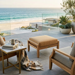 NATSEPA outdoor teak wood ottoman by Anderson Teak in three designer colors, ideal as a stylish patio footstool or side table.