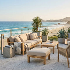 Southbay deep seating ottoman by Anderson Teak, luxury outdoor teak footstool in natural wood finish with designer color options.