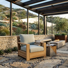 Anderson Teak teak wood accent armchair with deep seating, outdoor use, in a natural finish, suitable for patio and garden spaces.