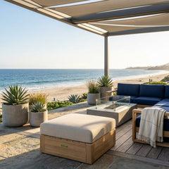 Anderson Teak COPACABANA outdoor teak ottoman in a designer color, perfect as a patio footstool with a sleek, modern design.