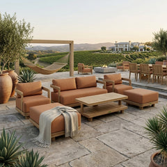Anderson Teak 6-piece Granada deep seating outdoor sofa set with teak finish, including lounge chairs and cushions for garden patio.