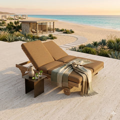 Anderson Teak BEL-AIR double sun lounger in teak wood with cushions, outdoor patio sunbed in a stylish garden setting.