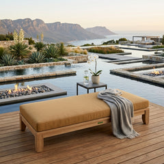 Outdoor daybed by Anderson Teak with A-grade teak wood, featuring a sleek design and available in nine designer colors.