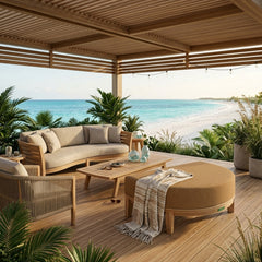 Luxury outdoor CORONADO OTTOMAN by Anderson Teak in teak wood, shown in a designer color, ideal as a patio footstool or ottoman.