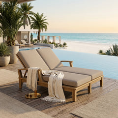 Anderson Teak Brianna double sun lounger in A-grade teak wood with stylish design, shown in a modern outdoor garden setting.
