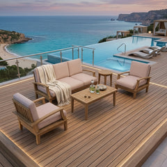 Outdoor patio sofa from Anderson Teak Brianna Deep Seating collection with plush cushions in various designer colors.