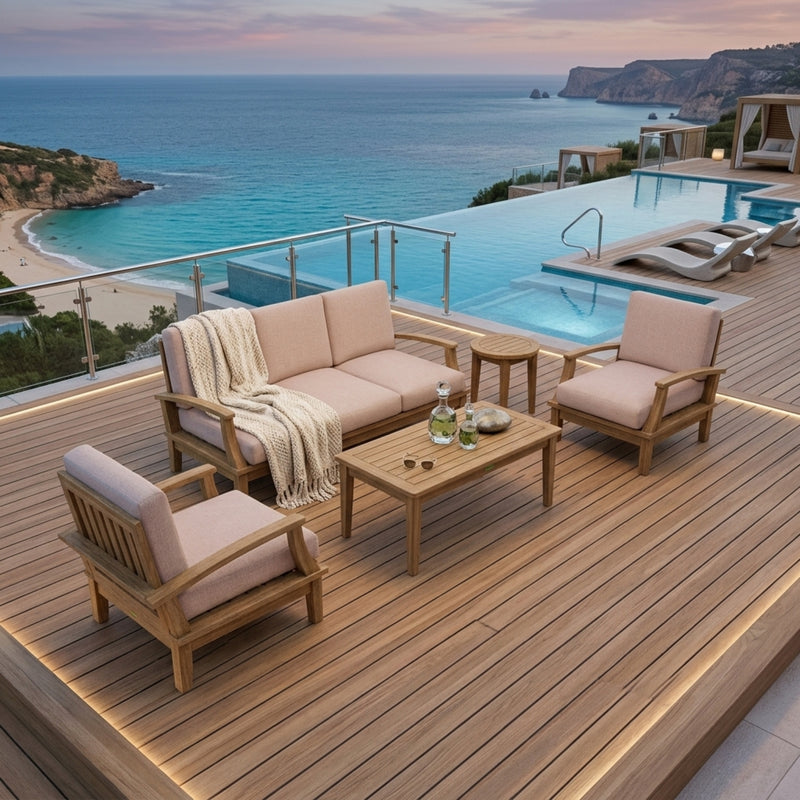 Outdoor patio sofa from Anderson Teak Brianna Deep Seating collection with plush cushions in various designer colors.