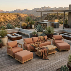 Anderson Teak SET-904 5-piece Granada deep seating outdoor sofa set with teak wood frames and plush cushions for garden lounge.