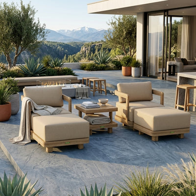 Anderson Teak Granada 5-piece deep seating set with outdoor swivel chairs and ottomans for garden lounge or patio.