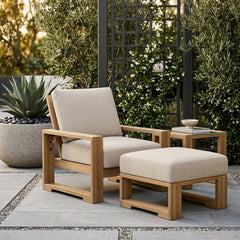 Set of Anderson Teak Capistrano deep seating with one armchair and table, available in 9 designer colors for outdoor garden lounge.