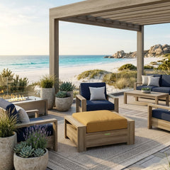 Luxury Anderson Teak Madera Ottoman in a designer color, outdoor teak footstool for patio seating and relaxation.
