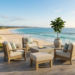 Luxury outdoor teak ottoman with cushion from Anderson Teak, featuring a modern design and available in three designer colors.