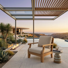 Anderson Teak Riviera modular teak armchair for outdoor patio and garden, shown in deep seating with stylish design and multiple color options.