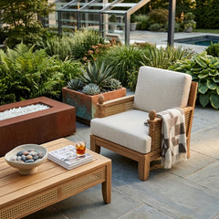 Anderson Teak Luxe Teak Wood deep seating accent armchair in natural finish, outdoor patio furniture with plush cushions.