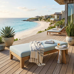 Outdoor daybed by Anderson Teak with A-grade teak wood, featuring a sleek design and available in designer colors for garden lounging.