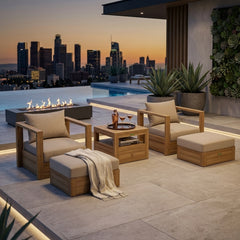 Anderson Teak COPACABANA teak wood outdoor patio sofa set with 2 armchairs and 2 ottomans in a garden lounge setting.
