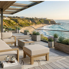 Riviera outdoor teak ottoman by Anderson Teak in a designer color, perfect as a patio footstool or versatile outdoor seating.