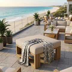 Anderson Teak Capistrano deep seating ottoman with designer color options, luxurious outdoor teak footstool for patio seating.