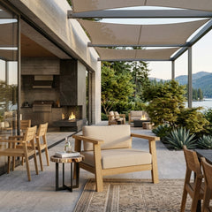 Anderson Teak Palermo teak wood deep seating accent chair with plush cushions, outdoor patio furniture in natural wood finish.